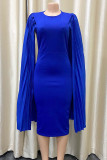 Blue Casual Solid Fold O Neck Pencil Skirt Plus Size Dresses