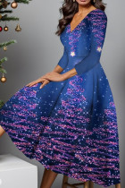 Blau-lila, lässiger Druck, Basic-Kleid mit V-Ausschnitt und langen Ärmeln
