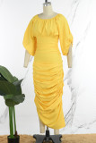 Gele straat effen patchwork vouw O-hals lange jurk jurken