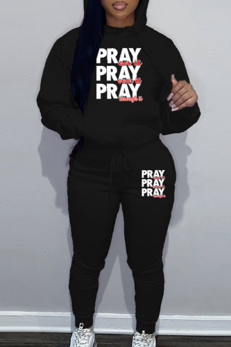 Black Sportwear Casual Letter Print Hooded Collar Long Sleeve Sweatshirt And Draw String Pants Two Pieces Sweatsuit Sets