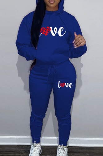 Blue Sportwear Casual Letter Print Hooded Collar Long Sleeve Sweatshirt And Draw String Pants Two Pieces Sweatsuit Sets
