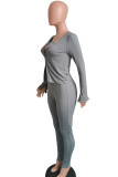 Grey Sexy Solid Patchwork Zipper O Neck Long Sleeve Two Pieces