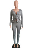 Grey Sexy Solid Patchwork Zipper O Neck Long Sleeve Two Pieces
