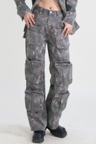 Camouflage, lässig, Camouflage-Druck, Patchwork, Basic, hohe Taille, normale Denim-Jeans
