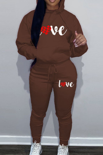 Brown Sportwear Casual Letter Print Hooded Collar Long Sleeve Sweatshirt And Draw String Pants Two Pieces Sweatsuit Sets