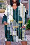 Robes vertes décontractées imprimées basiques à col en V et à manches longues