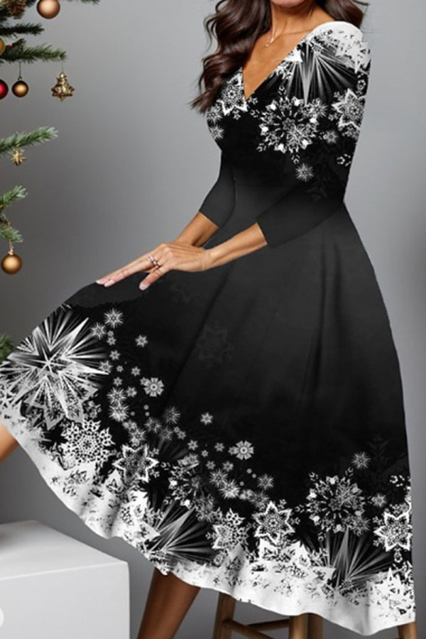 Black Casual Print Basic V Neck Long Sleeve Dresses