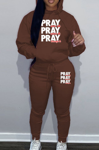 Brown Sportwear Casual Letter Print Hooded Collar Long Sleeve Sweatshirt And Draw String Pants Two Pieces Sweatsuit Sets