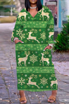 Зеленые повседневные базовые платья с длинным рукавом с принтом и v-образным вырезом