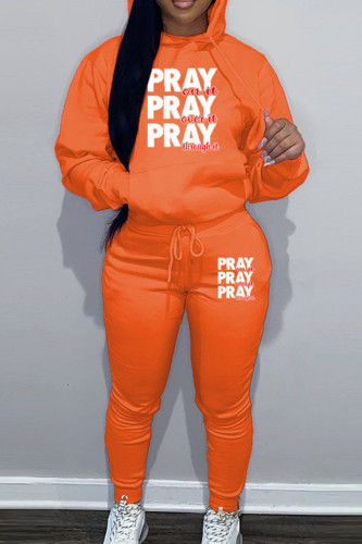 Orange Sportwear Casual Letter Print Hooded Collar Long Sleeve Sweatshirt And Draw String Pants Two Pieces Sweatsuit Sets