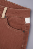 Rostrote, lässige Skinny-Denim-Jeans mit Farbblock-Taschen, Knöpfen und Reißverschluss und hoher Taille