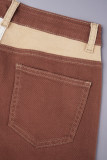 Jeans skinny in denim a vita alta con cerniera e bottoni casual a blocchi di colore rosso ruggine