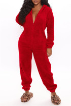 Red Casual Living Solid Patchwork Hooded Collar Regular Jumpsuits