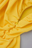 Gele straat effen patchwork vouw O-hals lange jurk jurken
