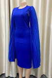 Blue Casual Solid Fold O Neck Pencil Skirt Plus Size Dresses