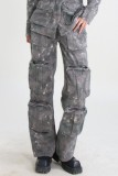 Camouflage Casual Camouflage Print Patchwork Basic High Waist Regular Cargo Denim Jeans