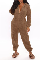 Brown Casual Living Solid Patchwork Hooded Collar Regular Jumpsuits