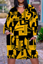 Черно-желтые повседневные платья с V-образным вырезом и длинными рукавами с принтом