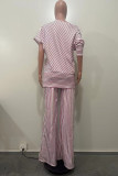 White Casual Striped Print Patchwork Oblique Collar Three Quarter Two Pieces T-shirt Tops Wide Leg Pants
