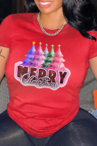 Camisetas con cuello en O informal con estampado de Papá Noel y estampado diario rojo