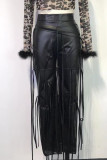 Black Fashion Street Solid Patchwork Frenulum Regelmatige Potlood Effen Kleur Bodems met Hoge Taille