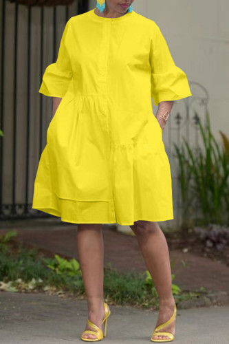 Желтые повседневные однотонные лоскутные пуговицы с круглым вырезом и круглым вырезом Платье-платье