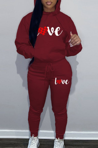 Burgundy Sportwear Casual Letter Print Hooded Collar Long Sleeve Sweatshirt And Draw String Pants Two Pieces Sweatsuit Sets