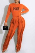Orange Casual Street Print Tassel Letter O Neck Long Sleeve Two Pieces