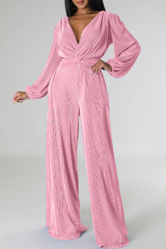 Pink Casual Solid Patchwork V Neck Regular Jumpsuits