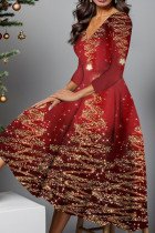 Rotgoldenes, lässiges, bedrucktes Basic-Kleid mit langen Ärmeln und V-Ausschnitt
