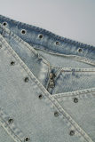 Azul claro sexy casual sólido retalhos cintura baixa saias jeans skinny (sujeito ao objeto real)