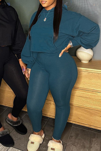Blue Sportwear Casual Hooded Collar Long Sleeve Crop Jackets And Skinny Pants Two Pieces Sweatsuit Sets