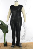Black Casual Patchwork Sequins O Neck Plus Size Jumpsuits (Without Belt)