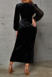 Zwarte casual patchwork pailletten split V-hals lange mouwen jurken