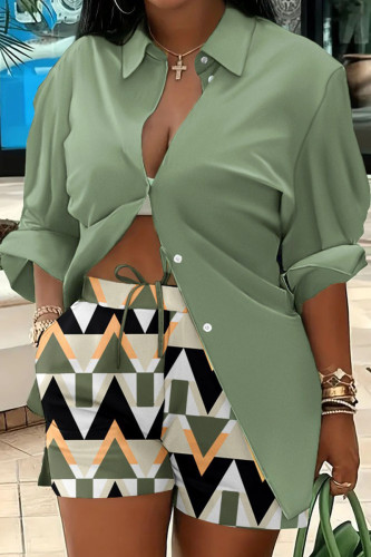 Army Green Casual Print Patchwork Turndown Collar Long Sleeve Two Pieces