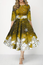 Goud casual print patchwork O-hals A-lijn jurken