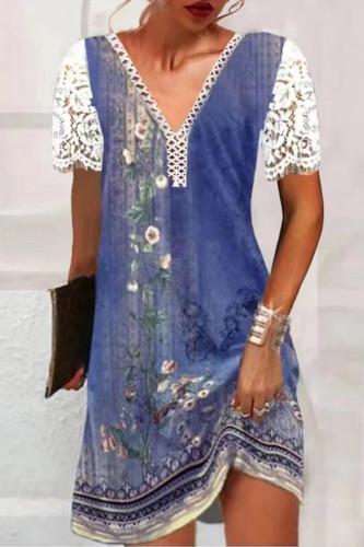 Navy Blue Casual Print Patchwork V Neck Short Sleeve Dress (Subject To The Actual Object)
