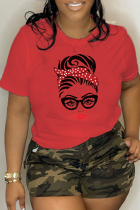Camisetas con cuello en O de patchwork con estampado diario rojo