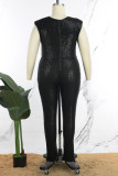 Black Casual Patchwork Sequins O Neck Plus Size Jumpsuits (Without Belt)