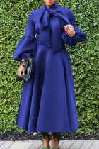 Bleu élégant solide patchwork avec nœud col rond robes trapèze