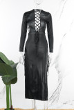 Черные сексуальные однотонные платья с открытой спиной и разрезом с длинным рукавом