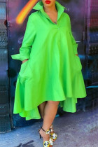 Зеленые повседневные однотонные лоскутные платья с отложным воротником трапециевидной формы больших размеров