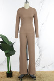 Khaki Casual Solid Basic O Neck Long Sleeve Two Pieces
