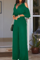 Green Casual Solid Hollowed Out V Neck Regular Jumpsuits