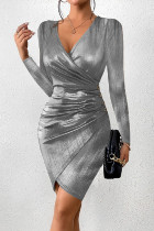 Silver Casual Solid Patchwork Vik V-hals långärmade klänningar