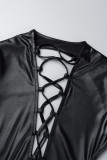 Vestidos de manga comprida com fenda nas costas com bandagem sólida sexy preta