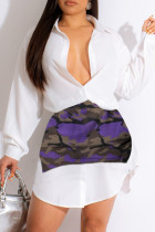Camicia viola con stampa mimetica casual, colletto patchwork, manica lunga, due pezzi