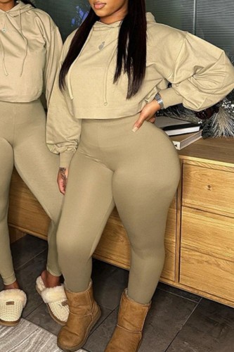 Khaki Sportwear Casual Hooded Collar Long Sleeve Crop Jackets And Skinny Pants Two Pieces Sweatsuit Sets