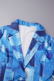 Royal Blue Casual Print Patchwork Turn-back Collar Outerwear