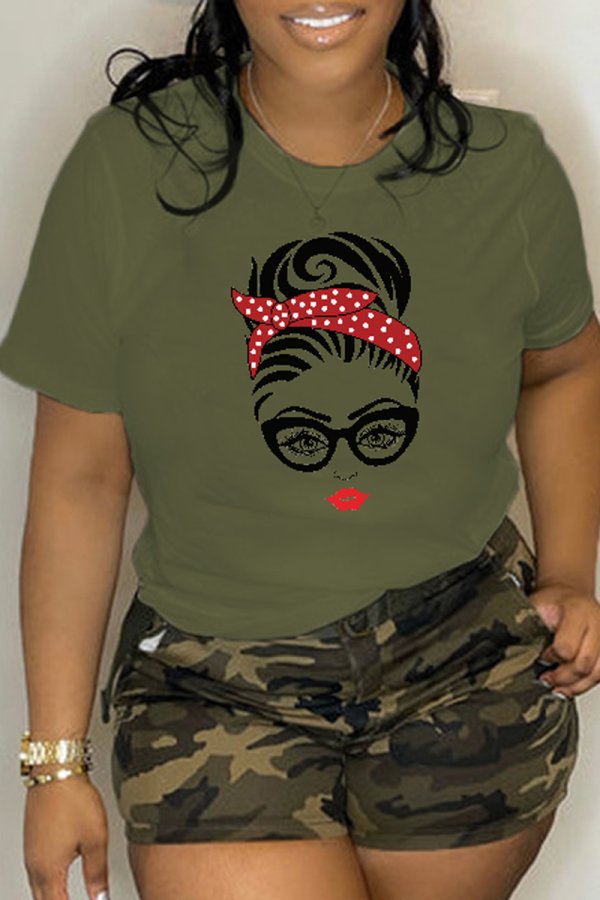 Camisetas con cuello en O y patchwork con estampado diario verde militar